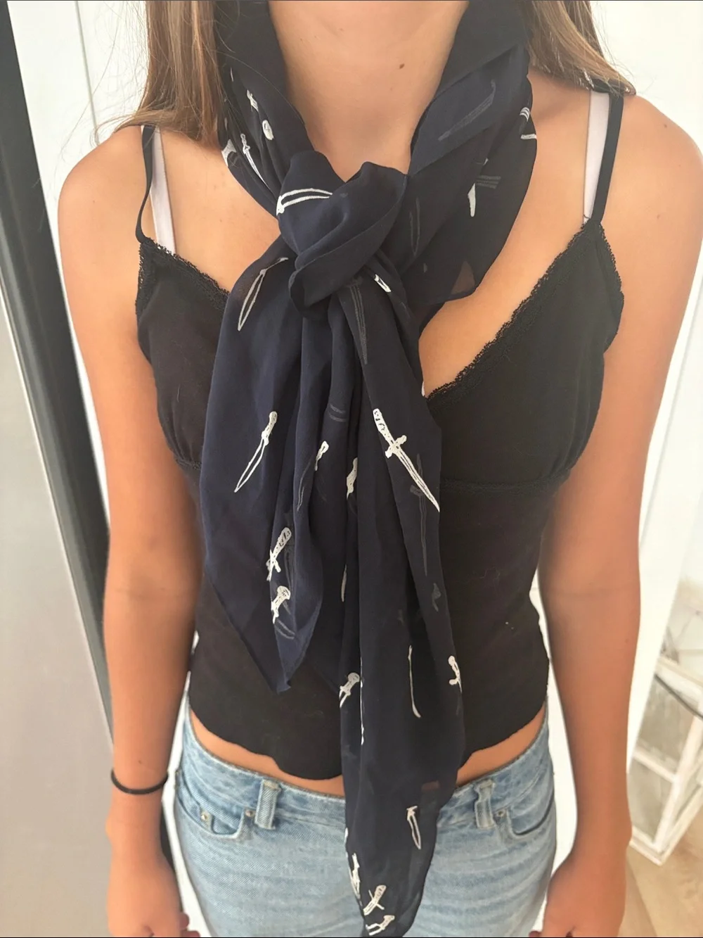 rag & bone Blue Silk Scarf with White Dagger Print